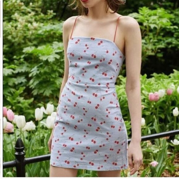 Urban Outfitters Cherry Dress Size 0 Linen Blend Blue Red - Picture 1 of 10